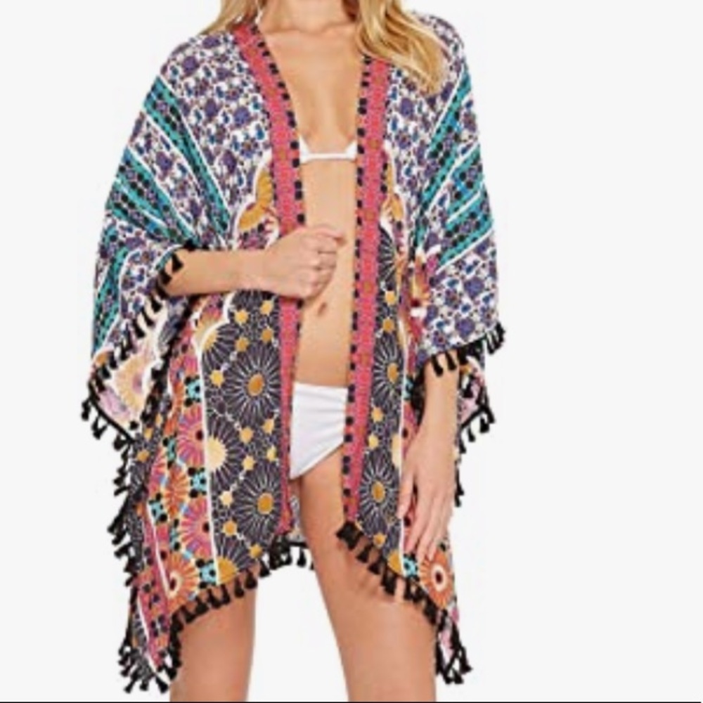 Trina Turk Golden-Medallion Open-Front Challis Kimono Coverup